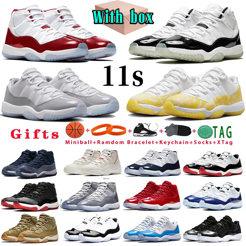 Met doos 11 basketbalschoenen Jumpman 11s heren dames Sneakers DMP 2023 Gamma Blue Low Cement Cool Grey Cherry Yellow Snakeskin Midnight Navy 72-10 Bred Trainers