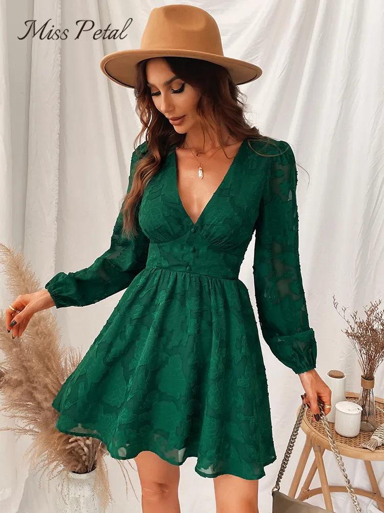 Miss Petal Plunge A-Line Mini v neck dress - Green, Long Sleeve, Sexy & Casual for Spring & Autumn Parties - Women's Sunv neck dress (230505)