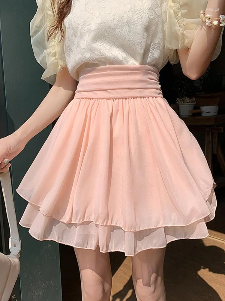 Jupes SURMIITRO Mini jupe plissée en Tulle femmes 2023 été mode coréenne rose blanc esthétique taille haute courte Tutu femme