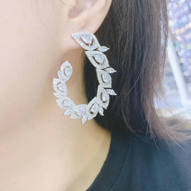 Dangle Earrings 45mm Luxury Curved Geometry Fashion Cubic Zirconia Women Dress Engagement Party Wedding Bridal Earring Jewelry E7936