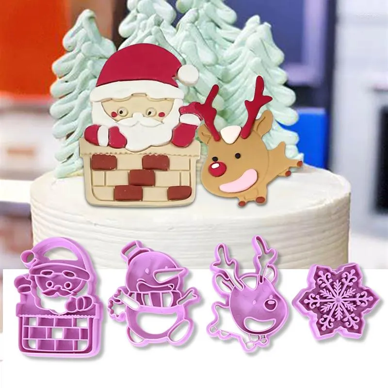 Moules de cuisson 4 pièces/ensemble noël 3D moule à biscuits Santa flocon de neige bonhomme de neige wapiti Dessert outil fête de l'année gâteau décoration accessoires