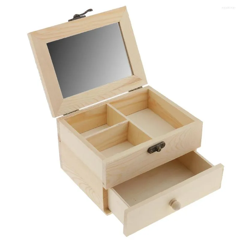 Bolsas para joyas, caja organizadora de madera sin pintar de 2 niveles, contenedor de almacenamiento, cajón sin terminar, manualidades DIY