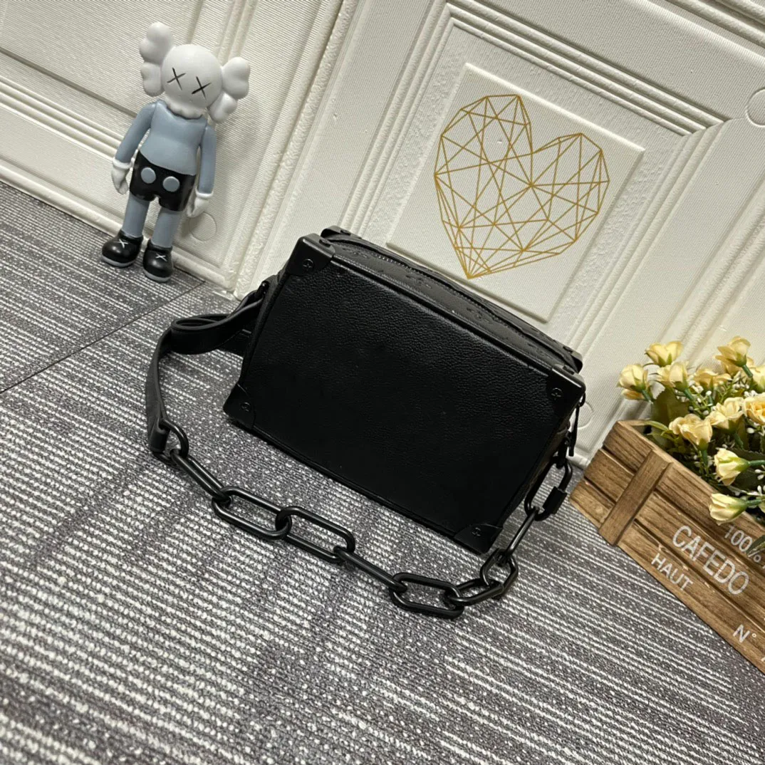 Genuine Leather Retro Mini Trunk Box Chain Bag with Embossed Black White Flowers Crossbody Shoulder Bag for Women Men