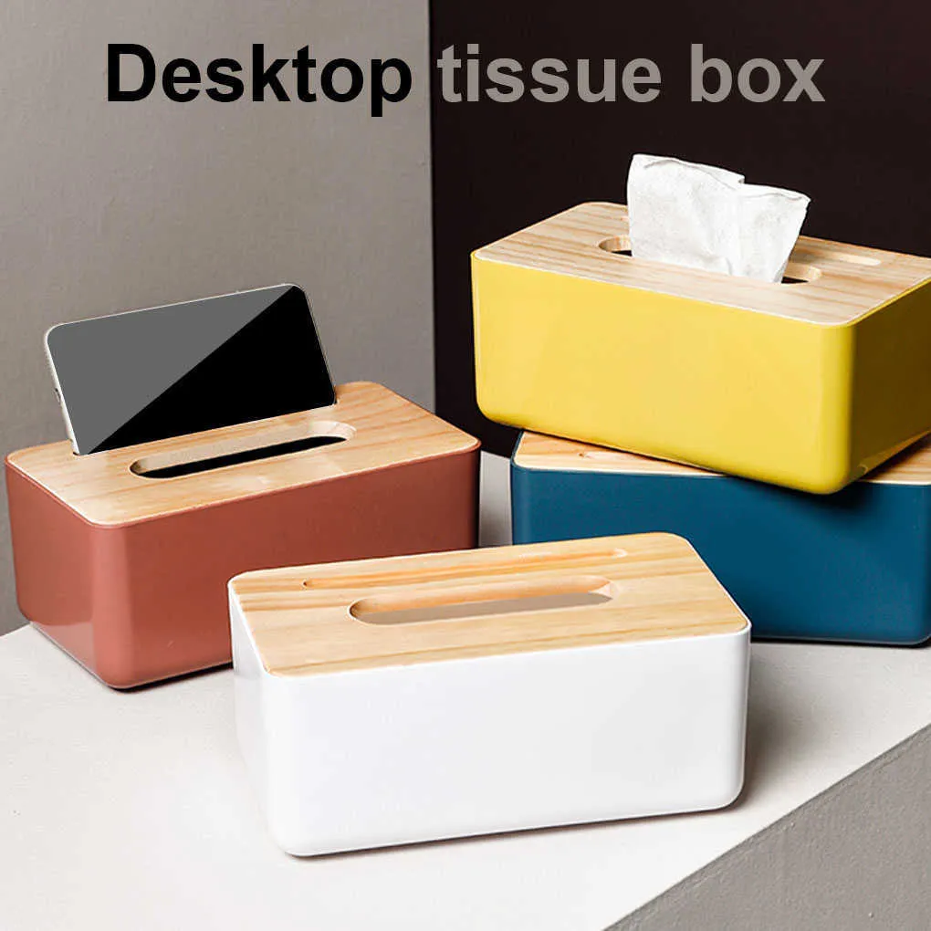 Tissue Boxes Napkins 1pcs Tissue Box Holder Household Wooden Cover Paper Container Napkin Storage Case Phone Bracket Slot Design for Living Room Z0505