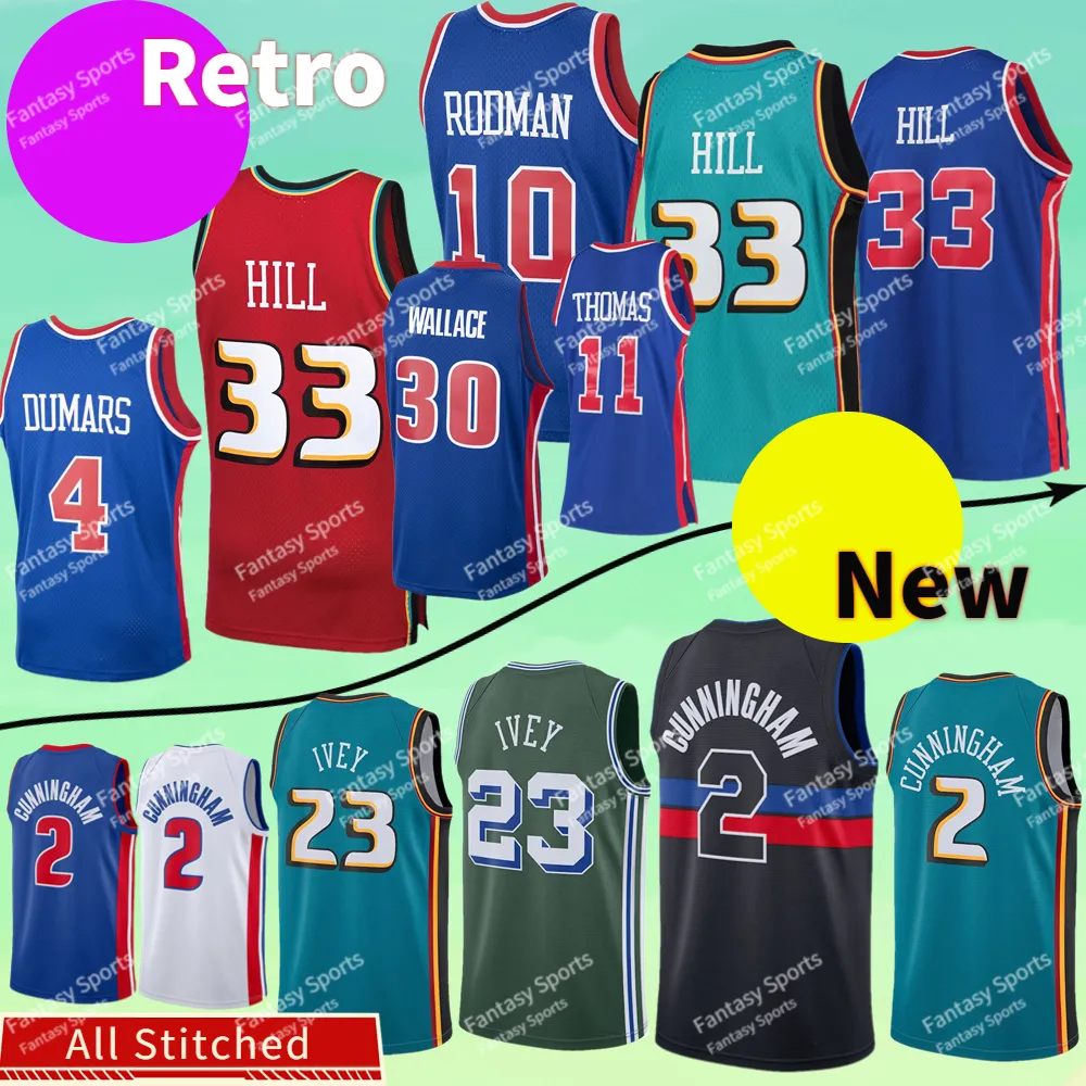 2 New Cade Basketball Cunningham Jersey Ivey 23 Mitchell Grant 33 Hill Isiah Dennis Thomas Rodman Joe Dumars Ness Ness Jerseys Szygowane męskie koszule