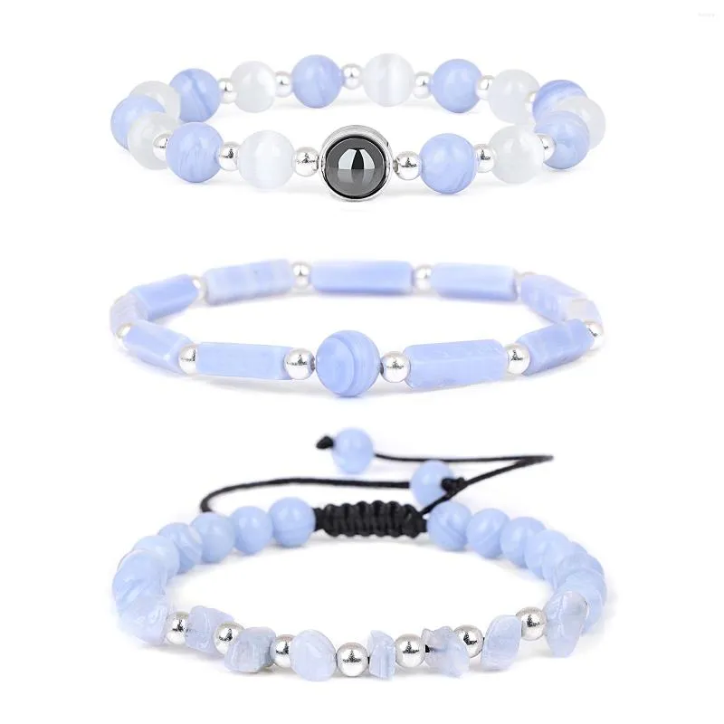 Strand 3pcs/Set Bracelet Natural Agates для женщин Мужчины, исцеляющие камни, синие кружевные браслеты, женские ювелирные изделия йога