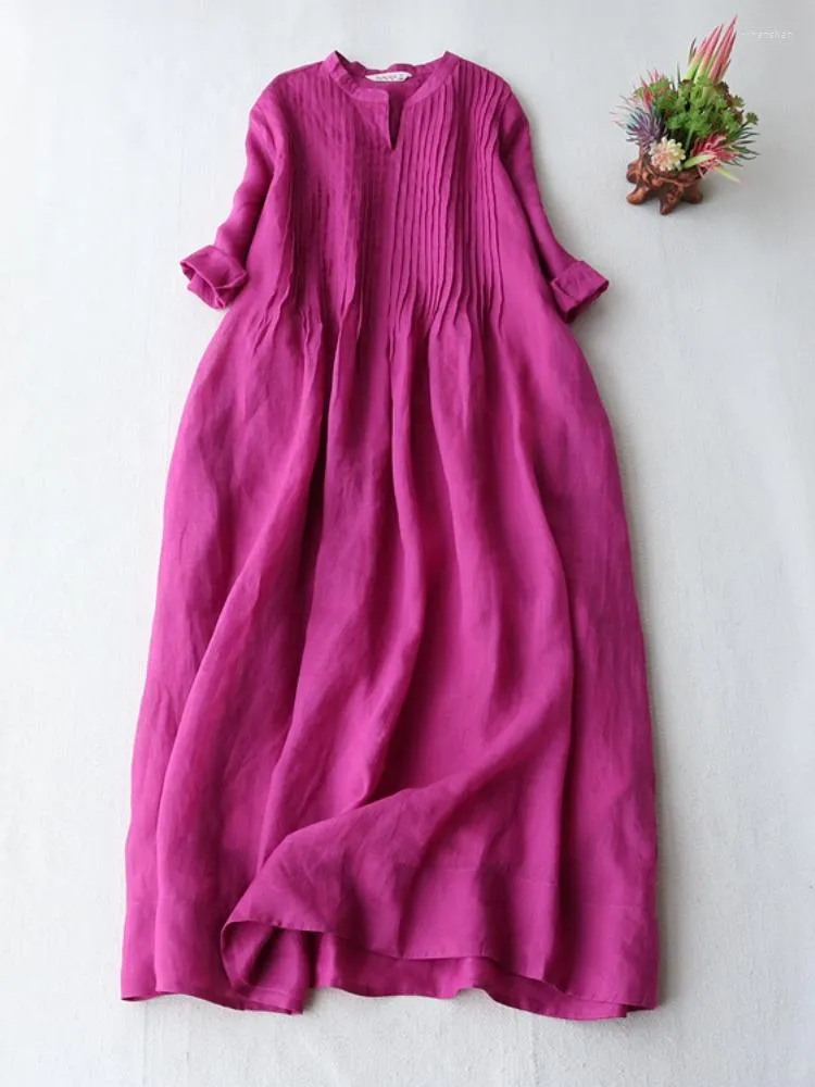 Casual Dresses 2023 Summer Ladies Cotton Linen Dress Fashion Women's Thin Ramie Elegant Organ Pleated Loose Flowy Short Sleeve