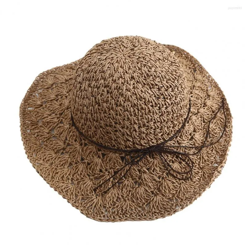 Brede rand hoeden zoete dame zon hoed lichtgewicht riem decor draagbare zomervakantie dames strand pet stro anti-uv