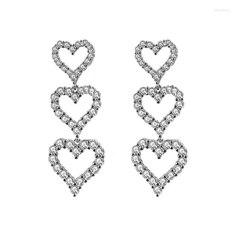 Stud Earrings Cute Long Heart With Bling Zircon Stone Silver Color Fashion Jewelry For Women 2023