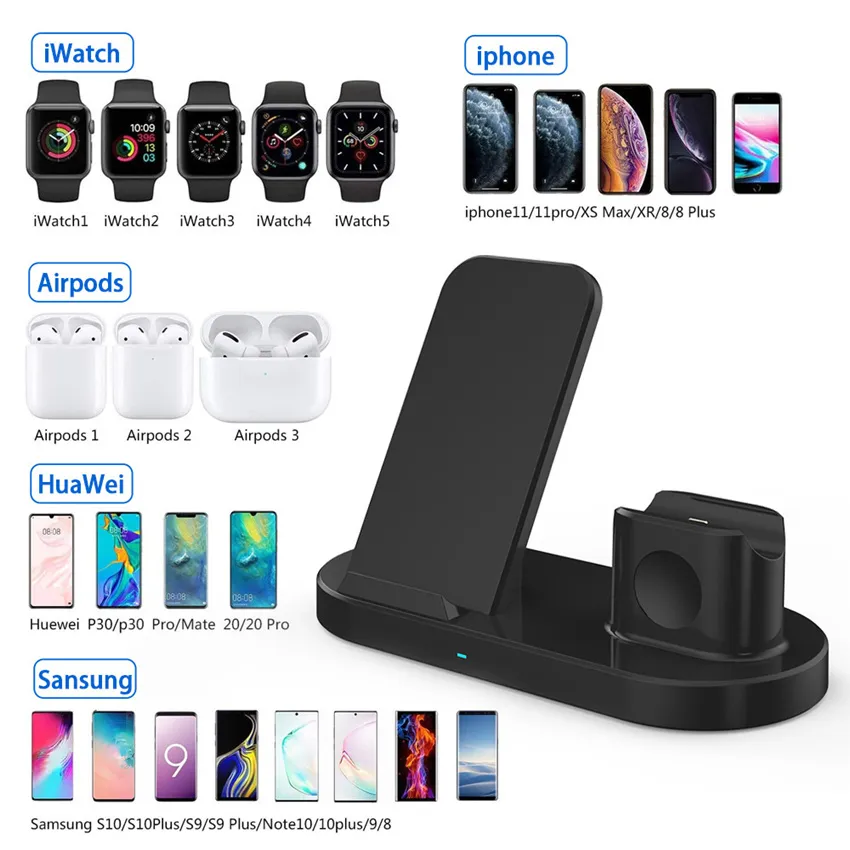 3 em 1 100w Charger sem fio Stand para iPhone 14 13 12 Pro Max X XS 8 Estação de Dock de Carrego Fast para Apple Watch AirPods Pro 2 3