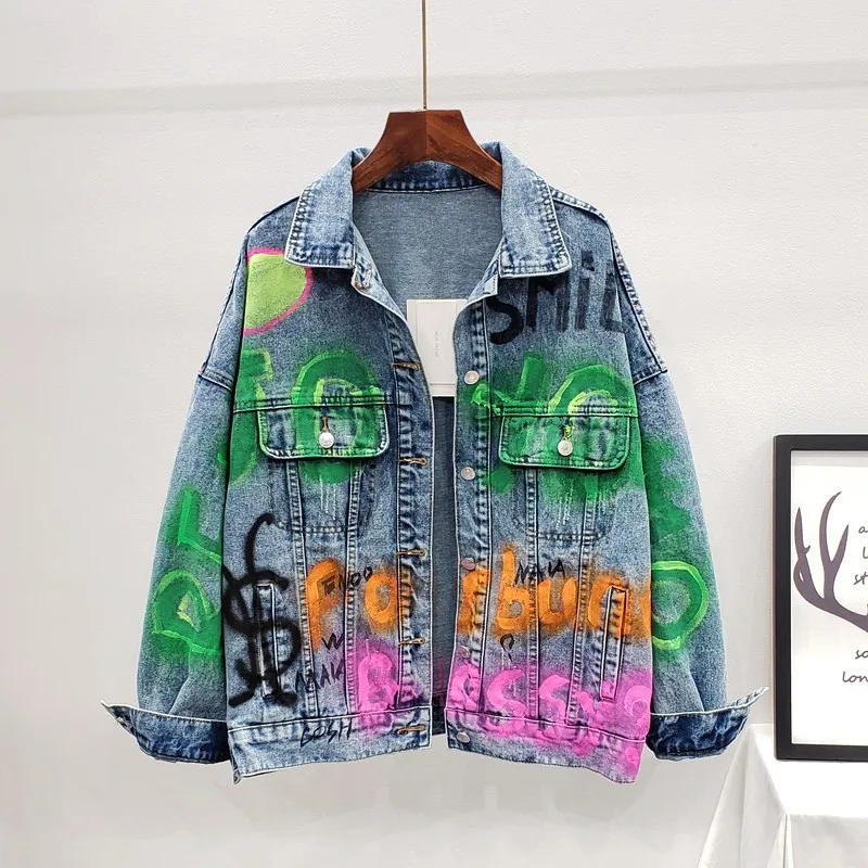 Womens Jackets Autumn Casual Letter Painted Print Frayed Harajuku