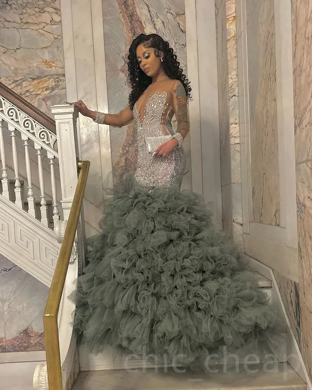 Grey Mermaid tiered tulle prom dress with Beaded Crystals - Perfect for Evening Formal Parties, Receptions, Birthdays, and Engagements - Aso Ebi Zj170