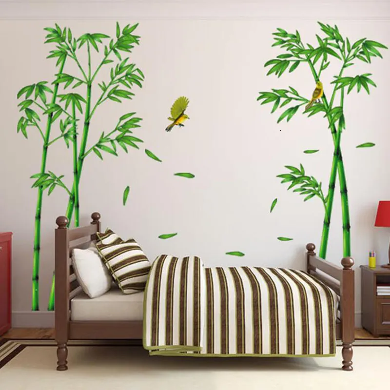Bakgrundsbilder 2st/Set Bamboo Forest Birds Large Size Wall Sticker Home Decor Bedroom Garderob Tv Soffa Wall Poster PVC DIY Art Mural Wallpaper 230505