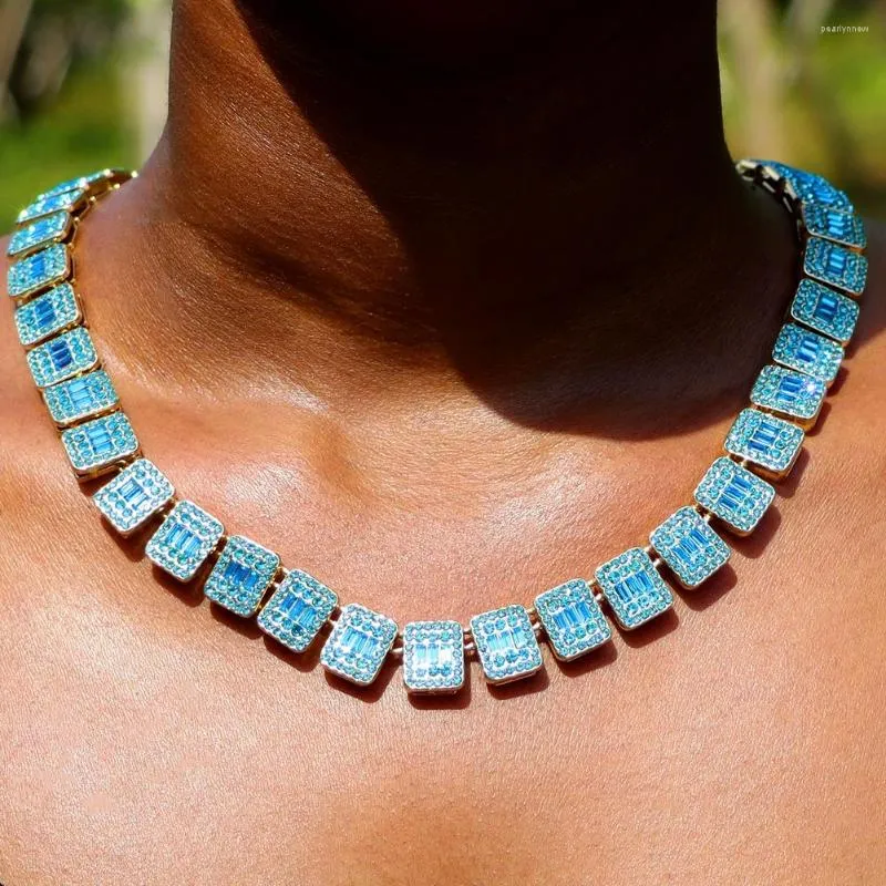 Kedjor Hip Hop Blue Baguette Crystal Tennis Chain Halsband för män Kvinnor 13mm Square Cuban Link Rapper Halsband Party Jewelry