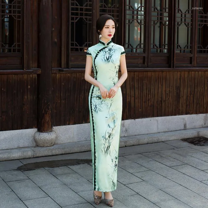 Этническая одежда китайское традиционное платье Cheongsam Qipao Women Girls Evening Wedding Fashion Vintage Retro Lotus Print Satin Short Party