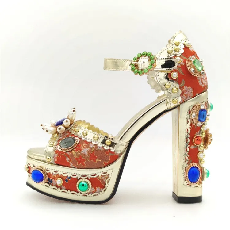 Sandalias de plataforma de cuero metálico adornadas con joyas retro, zapatos de vestir de banquete con tacones gruesos bordados, talla grande 10