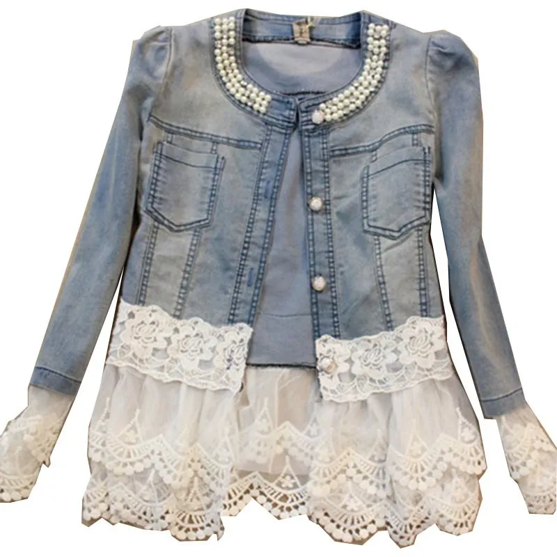 Women s Jackets Floral Lace Denim Jacket Thin Short Patchwork Slim Female Outerwear Beaded Jackets Washed Jeans Coats Spring Women Long Sleeve 230505