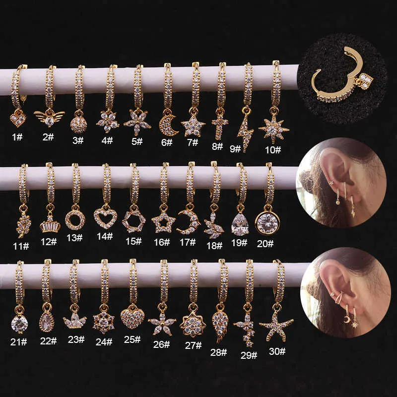 Flower Drop Moon Charms dingle örhängen inlagd med kubisk zirkon kreativ piercing huggie hoop örhängen spännen toppkvalitet brudbuske för kvinnor smycken gåvor