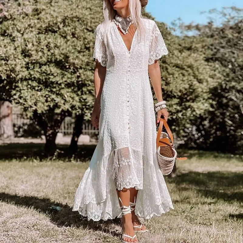 Elegant Bohemian White Maxi Dress: Summer Beach Sundress, V-Neck, Short  Sleeve - Shop Now! from Dhgate Basic & Casual Dresses - price 62.05