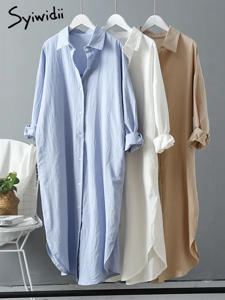 Tvådelad klänning Syiwidii ​​lång vit skjorta för kvinnor linne bomull 2023 Spring Summer Casual koreanska kläder vintage överdimensionerad midi -mantel 230505
