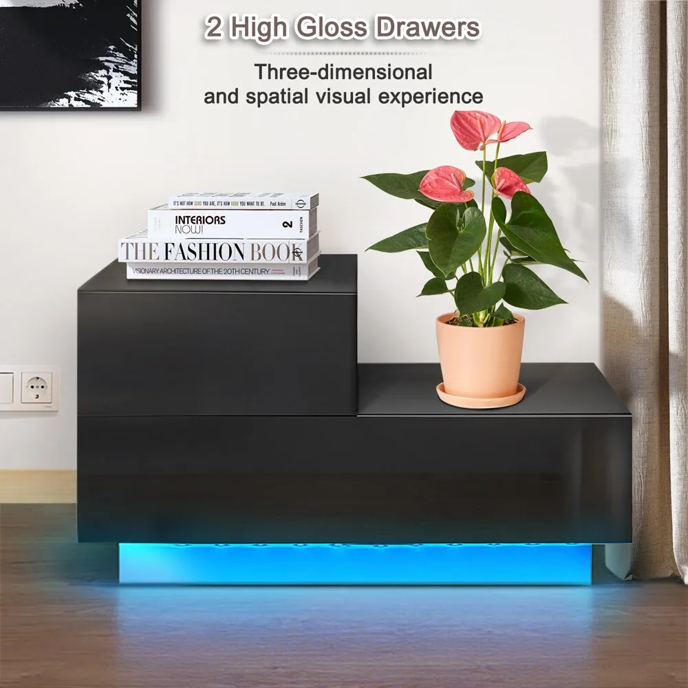 Modern Nightstand High Gloss L Shaped 2 Drawers Night Stand RGB LED Backlight Bedroom Bedside Table Black Height 16 1in