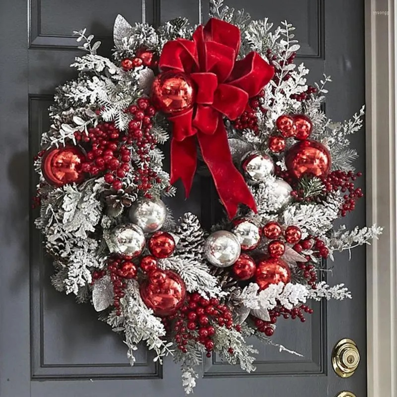 Decoratieve bloemen Kerstmis kunstmatige krans flocerende sneeuw bedekte rattan nep slinger ondersteboven boom rode bowknot lint simulatie