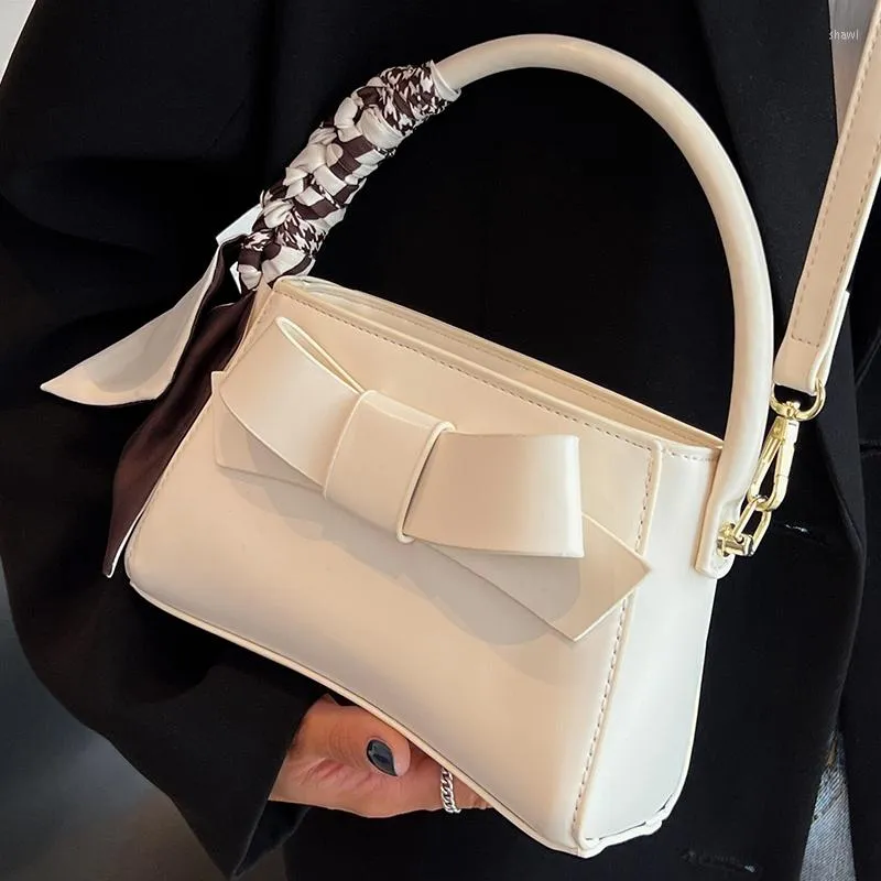 Evening Bags Women's Aesthetic Shoulder Bag Silk Scarf Decoration Top Handle Female Handbags Pu Leather Bow Hasp Ladies Beige Crossbody