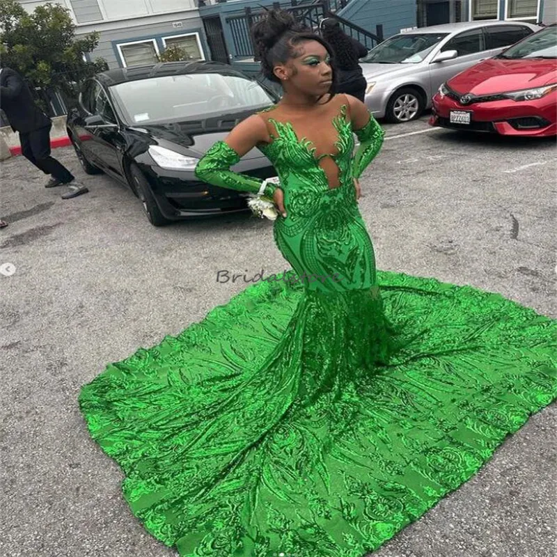 Robe de bal verte à paillettes avec train 2023, livraison plus rapide, robes d'anniversaire pour filles noires, tenue de soirée, paillettes coréennes, occasions formelles, vêtements d'anniversaire