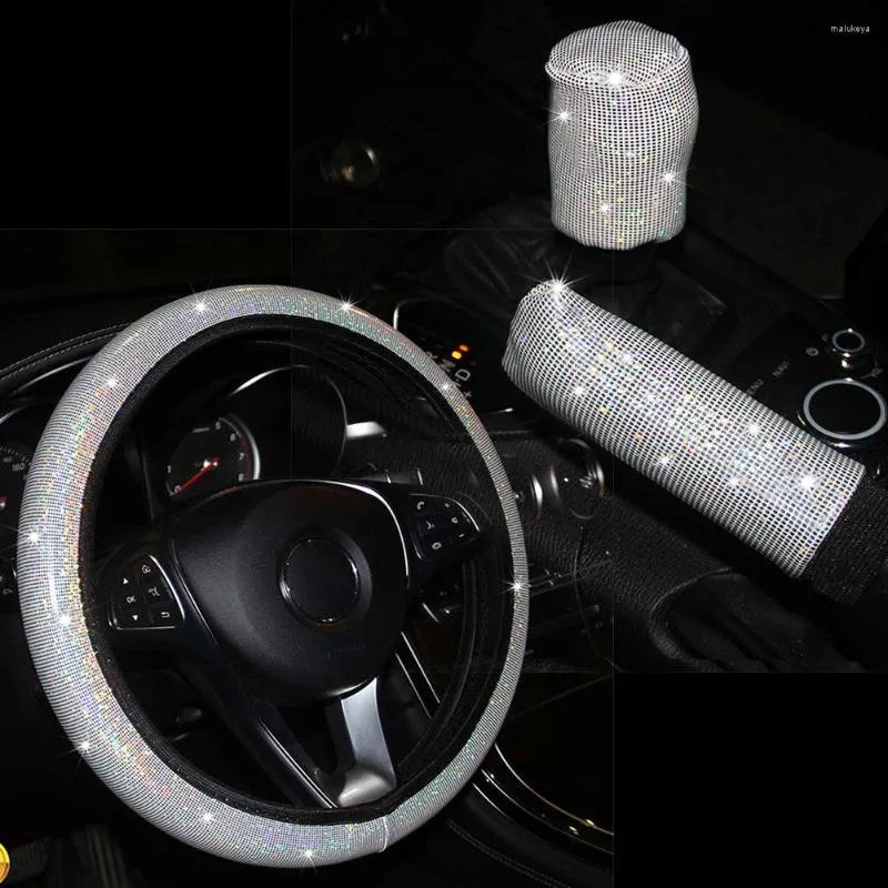 Steering Wheel Covers 3pcs Car Cover Kit 37-38cm White Bling Glitter Handbrake Gear Auto Interior Decoration Accessories