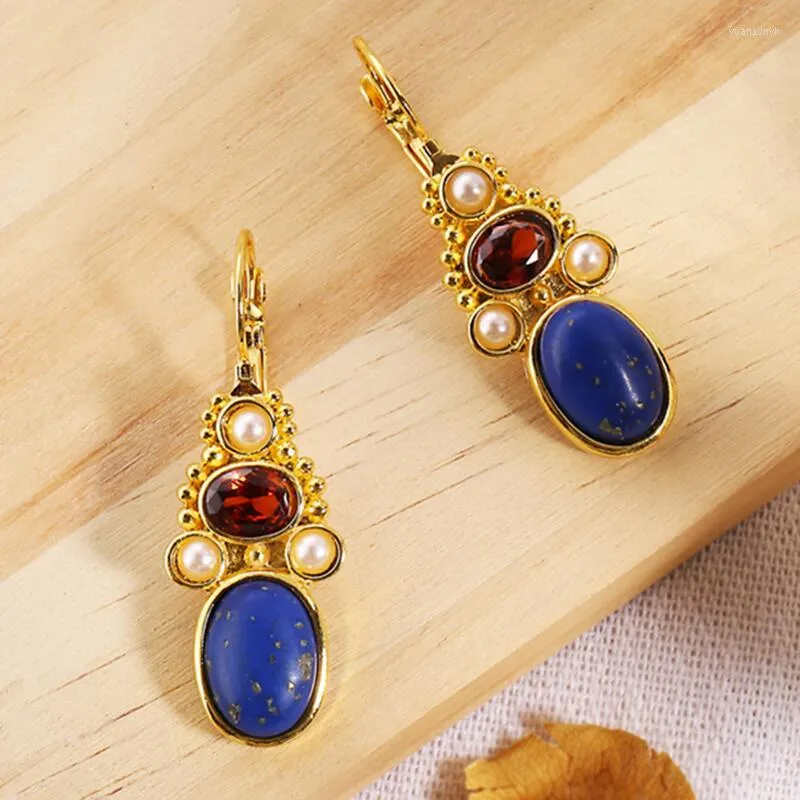 Kolczyki Dangle Vintage Natural Lapis Lazuli wiszące dla kobiet Oświadczenie Projekt Złota Kolor Retro Jeweliera hurtowa