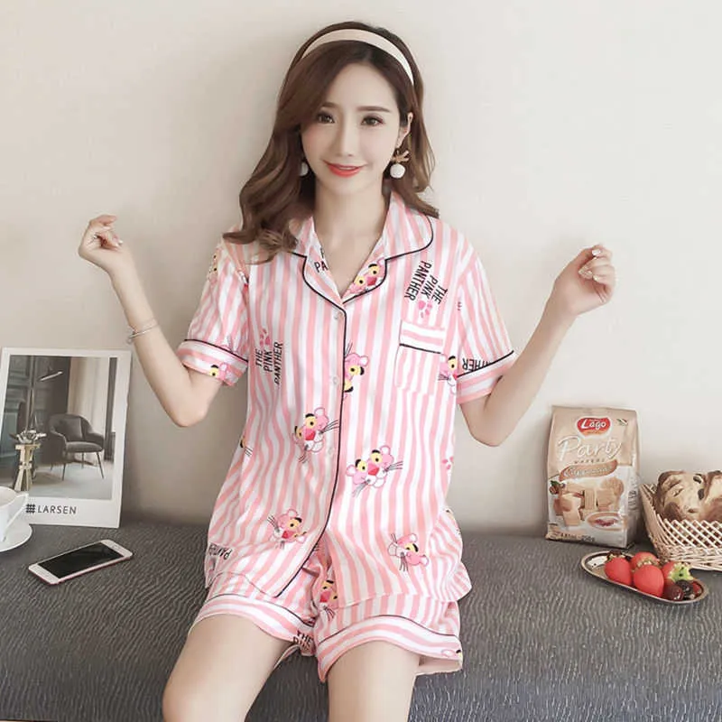 Women's Sleep Lounge Pyjamas för kvinnor Kort ärm Sleepwear Loungewear Satin Pyjamas Cartoon Summer Home Wear Ladies Silk Nightwear Set P230408 ​​P230505