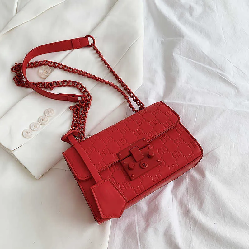 Luxury Red Chain Handbag With Embossed Lettering Small Square