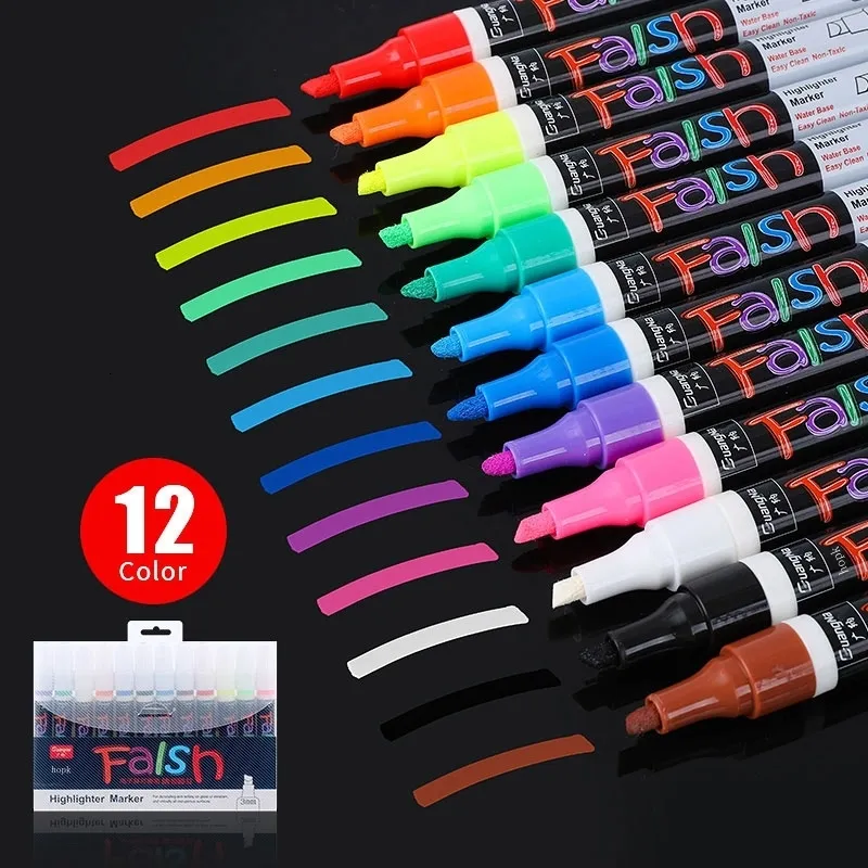 Highlighters 12 PCS علامات الطباشير السائلة أقلامات محفوظة ، LED Highlighters LED Board Glass Neon Pen Chalkboard Windows 230505