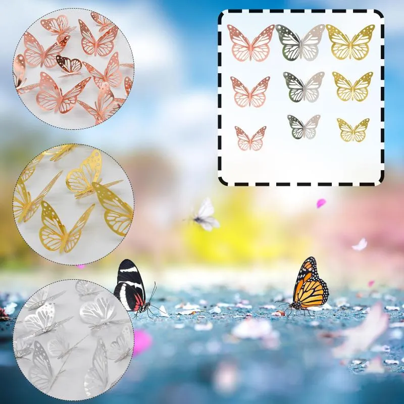 Wandstickers 12 stks 3D Butterfly Metal Hollow Simulation Gold en Silver Sticker DIY Moderne Decoratie