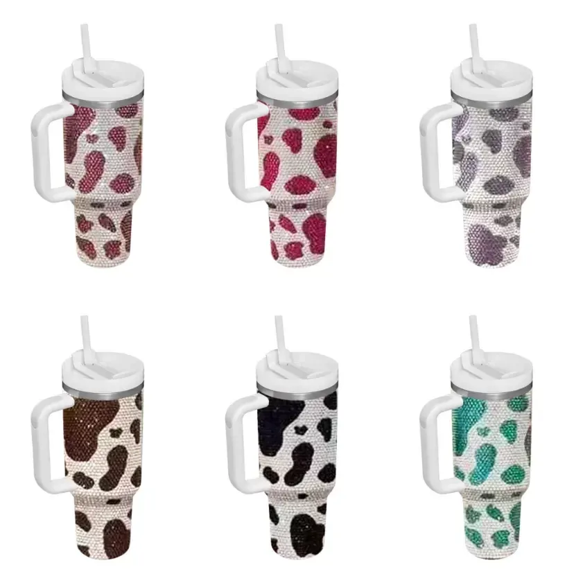 Colorful Diamond Cow Water Bottle Insulated Cup Bling Rhinestone Stainless Steel 40oz handle Tumbler with lid and straw Wholesale