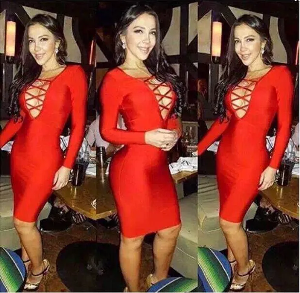 Casual Dresses 4 Colors Black Nude High Quality Hollow Out Long Sleeve DEEP V-NECK Bandage Dress Club Party Bodycon