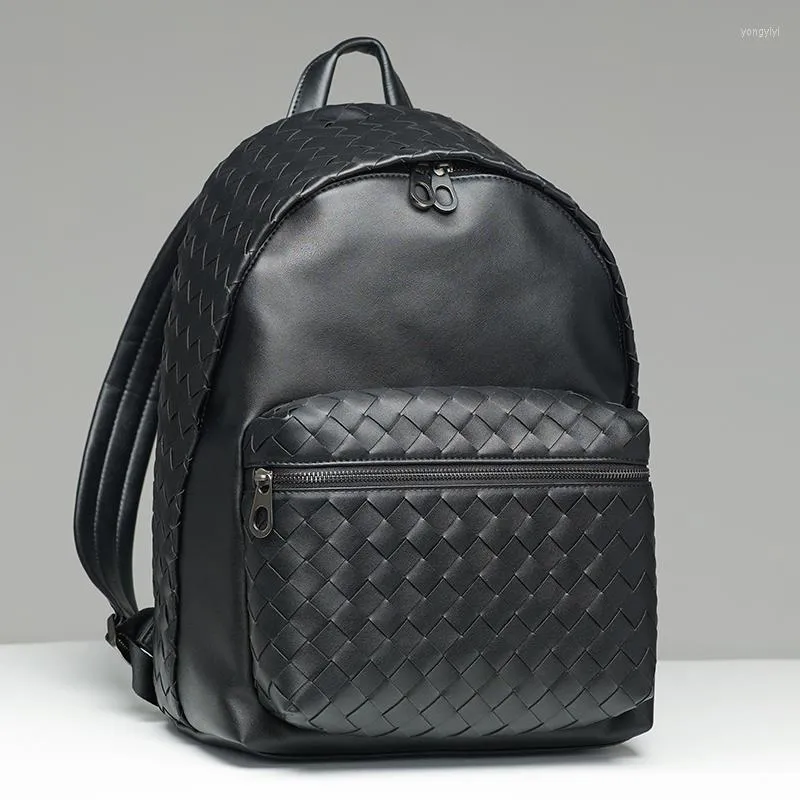 Backpack 2023 Brand Echte lederen mannen Ruggezakken Fashion Echte natuurlijke student Boy Luxe Weave Computer Laptop Bag