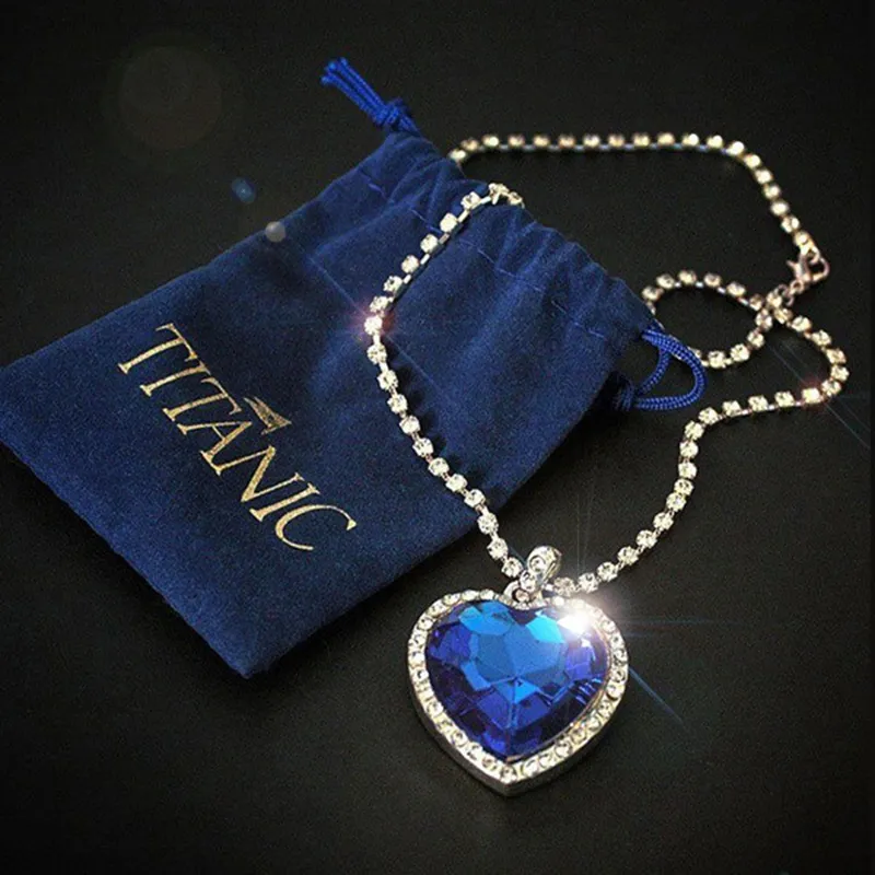 Pendant Necklaces Titanic Heart of Ocean Blue Love Forever Necklace Velvet Bag 230504