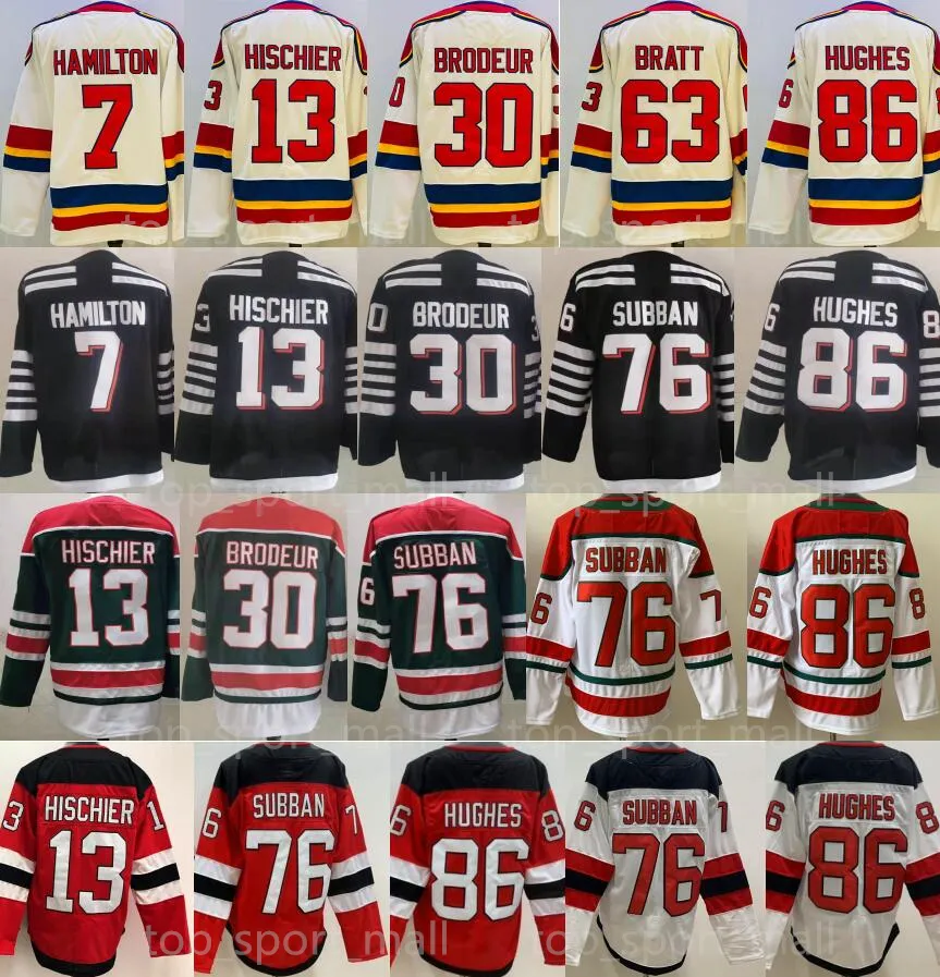 Men Hockey 13 Nico Hischier Jerseys Ice 7 Dougie Hamilton 30 Martin Brodeur 76 PK Subban 86 Jack Hughes 63 Jesper Bratt Taylor Hall Reverse Retro Green Red Black White