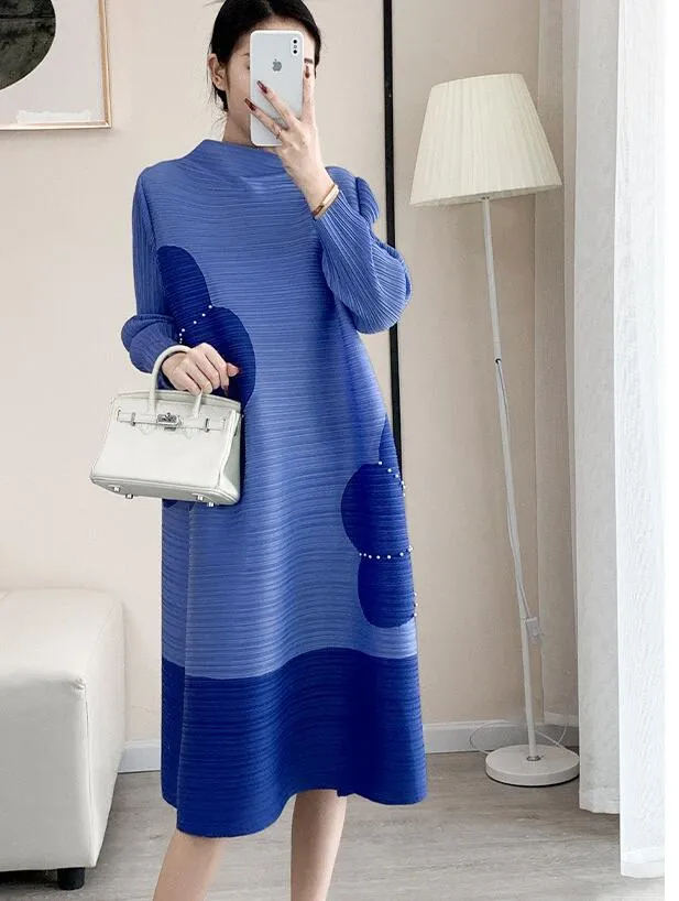 ISSEY Pleated Colored French Long Sleeve Dress Spring and Autumn Women 2023 Temperament Women's Beaded Loose Skirt