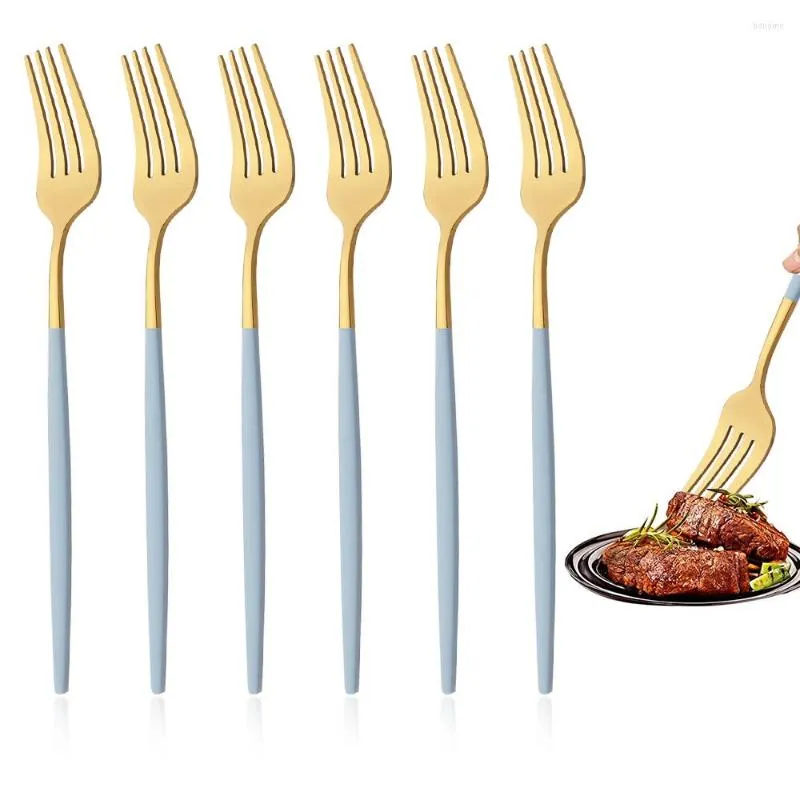 Zestawy sztućców lustro 6/12/2020 Gold Dinner Fork Kolorowe zastawy stołowe Koreańskie sałatki Długie uchwyt Zestaw sztućców stołowych