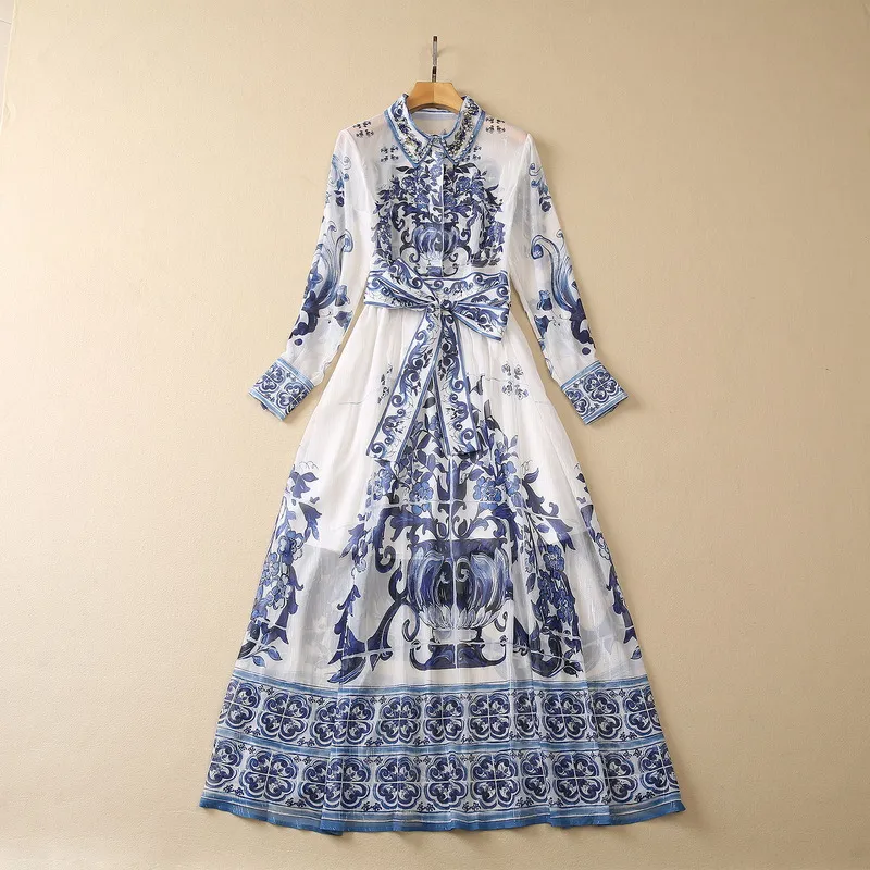 blue dress for baby girl Blue & White Floral Halter Long Qipao / Cheongsam Dress
