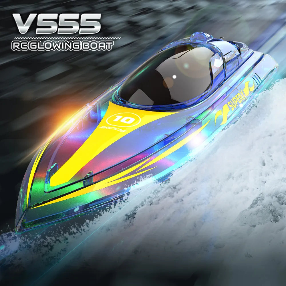 ElectricRC Boats V555 Mini RC Boat with Cool LED Light Waterproof Model Electric Racing Speedboat 15kmh Toys for Children Boys 230504