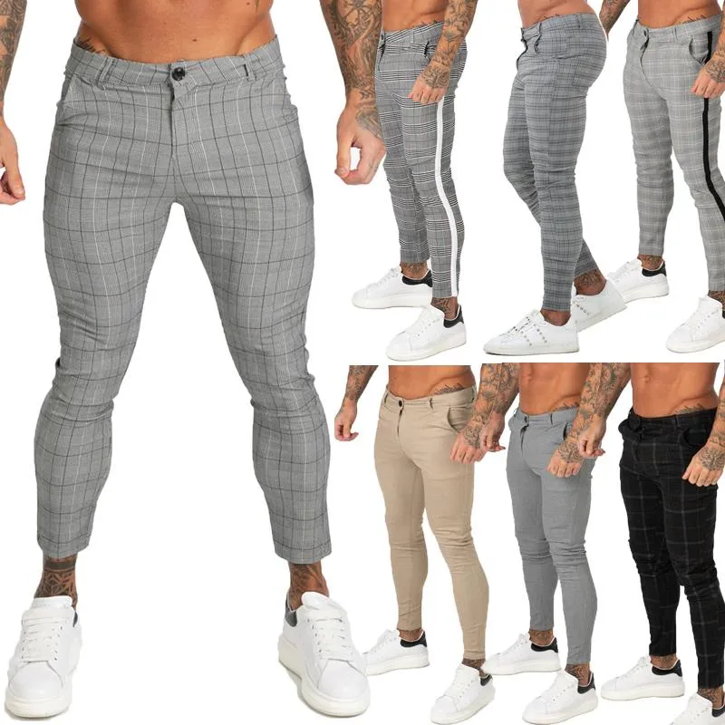 Pantalons pour hommes Pantalons décontractés pour hommes Skinny Stretch Chinos Slim Fit Pant Plaid Check Men