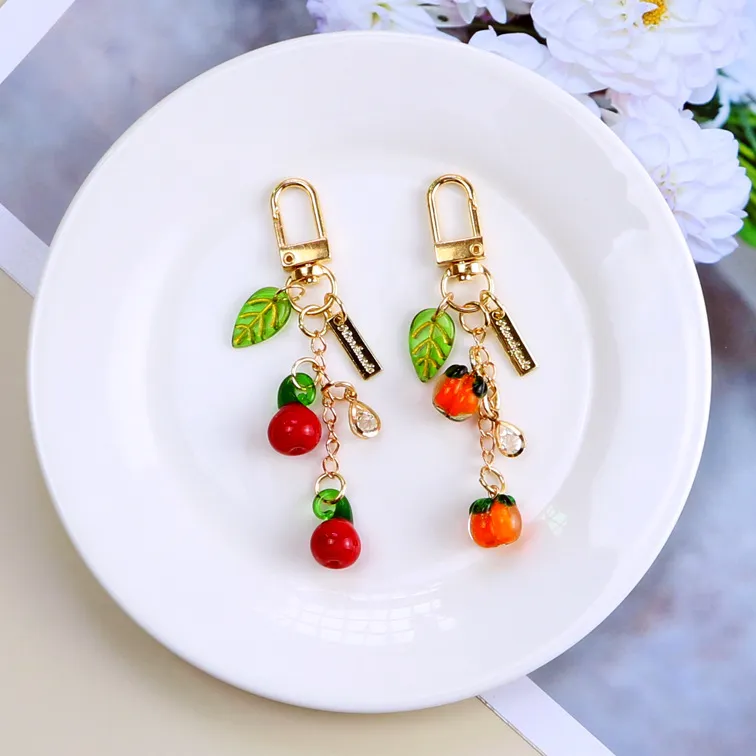 Cute Little Persimmon Car Bag Keychain Pendant Creative Simulation Fruit Food Leaf Keychains Jewelry Accessories In Bulk