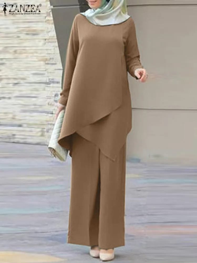 Conjuntos 2023 zanzea moda elegante agasalho manga longa blusa calça define vintage turco isamic roupas vintage muçulmano conjuntos de correspondência
