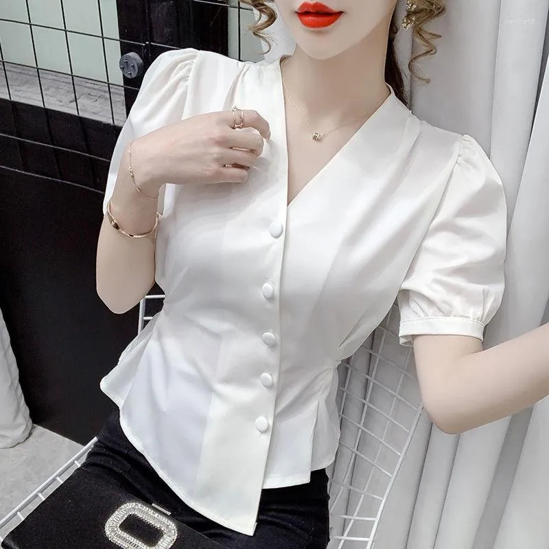 Женские блузки Женщины 2023 Лето элегантная шифоновая блузя женская рукав с рубашкой V-образной рубашку. Обычные удобные топы B29