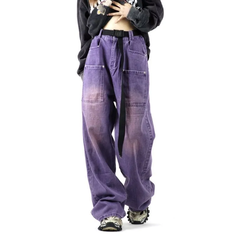 Spodnie damskie capris kobiety mężczyźni vintage kieszenie w lupgy ładunkowe dżinsy y2k streetwear harajuku wysoka talia szerokie spodnie dżinsowe spodnie alt ubrania fioletowe 230505