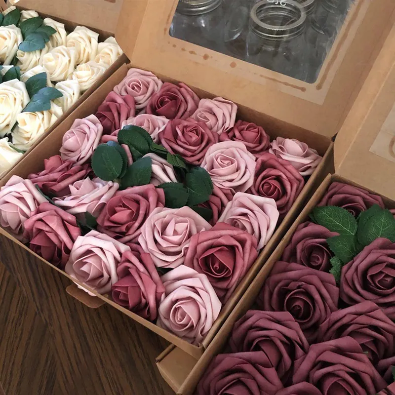 Decorative Flowers Wreaths 25pcsbox Artificial Flowers Blush Roses Realistic Fake Roses wStem for DIY Wedding Party Bouquets Baby Shower Home Decorations 230505