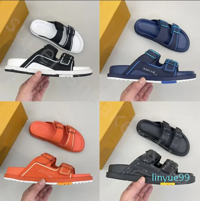 Designer Slippers Men Leather Sandals Cool Stylish Slides 2 Straps with Adjusted Gold Buckles Summer Slipper With box size 38-46